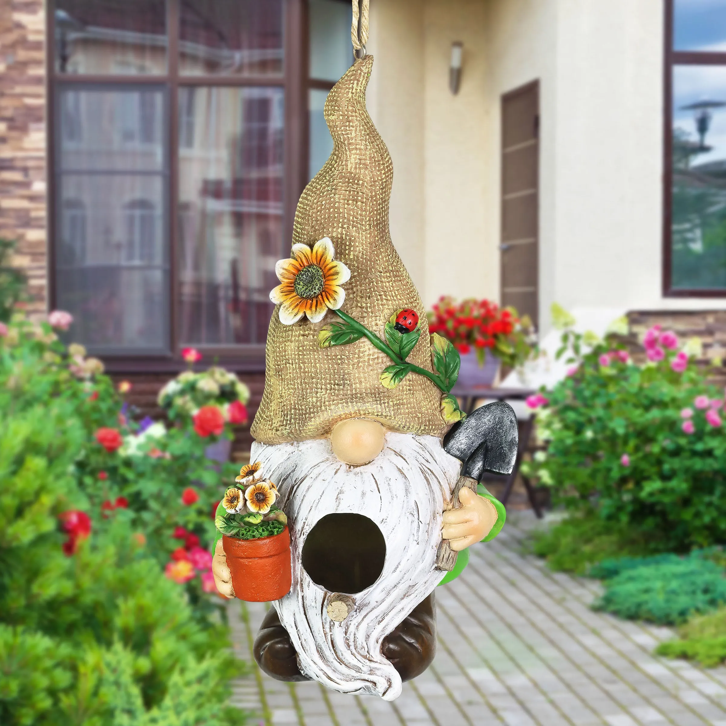 Gardening Gnome Hanging Bird House, 10.5 Inches