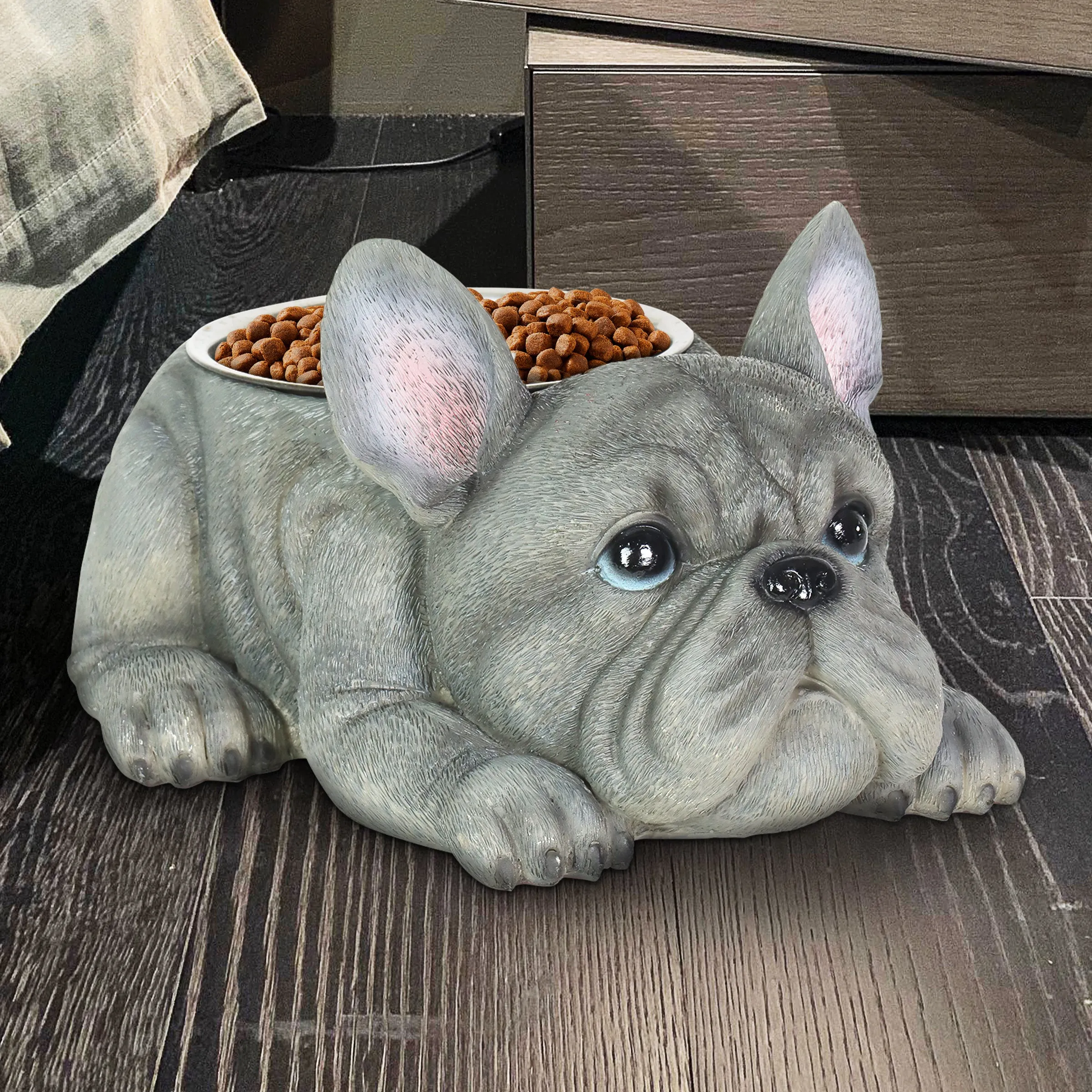 Grey French Bulldog Bowl with Stainless Bowl Insert, 12 by 6 Inches