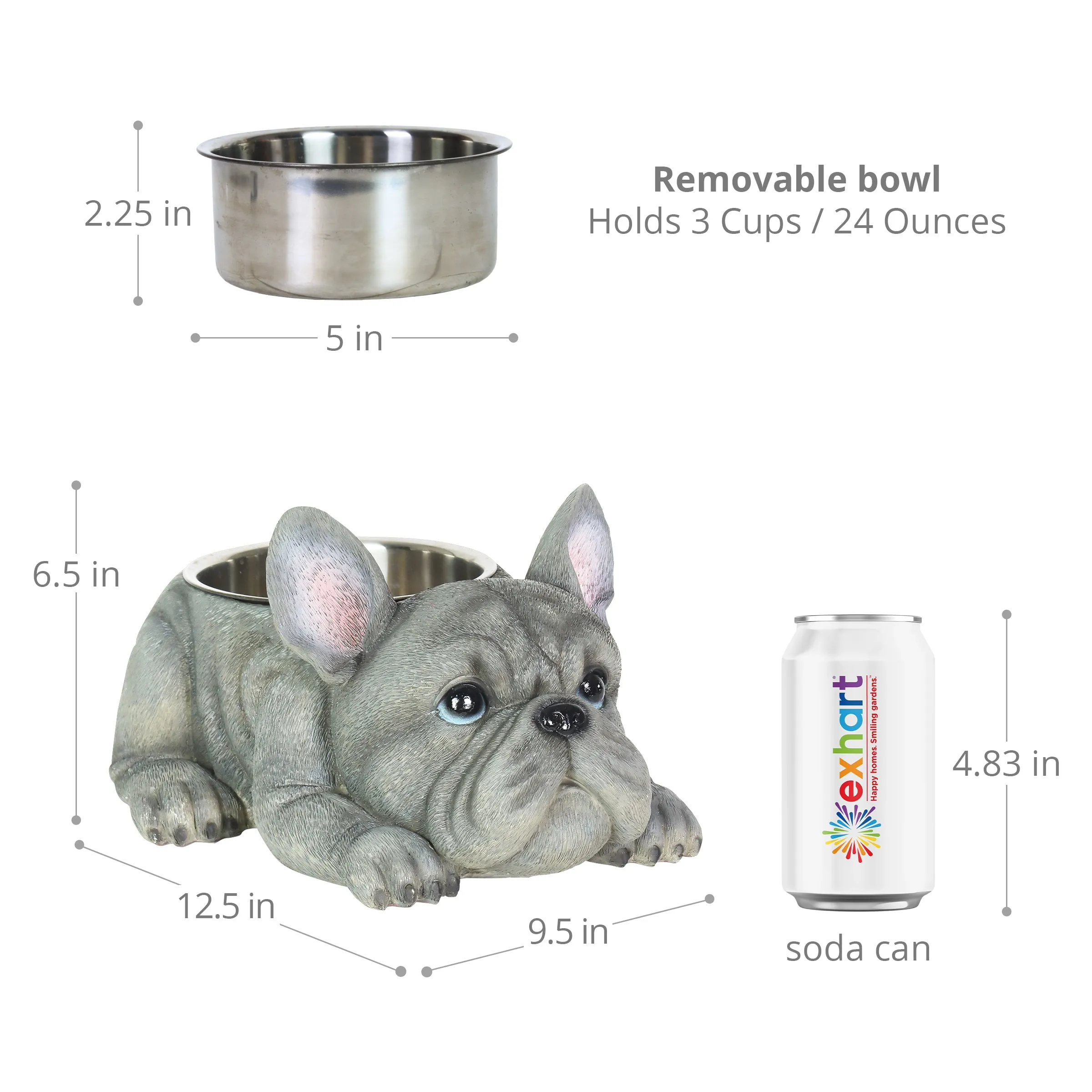 Grey French Bulldog Bowl with Stainless Bowl Insert, 12 by 6 Inches