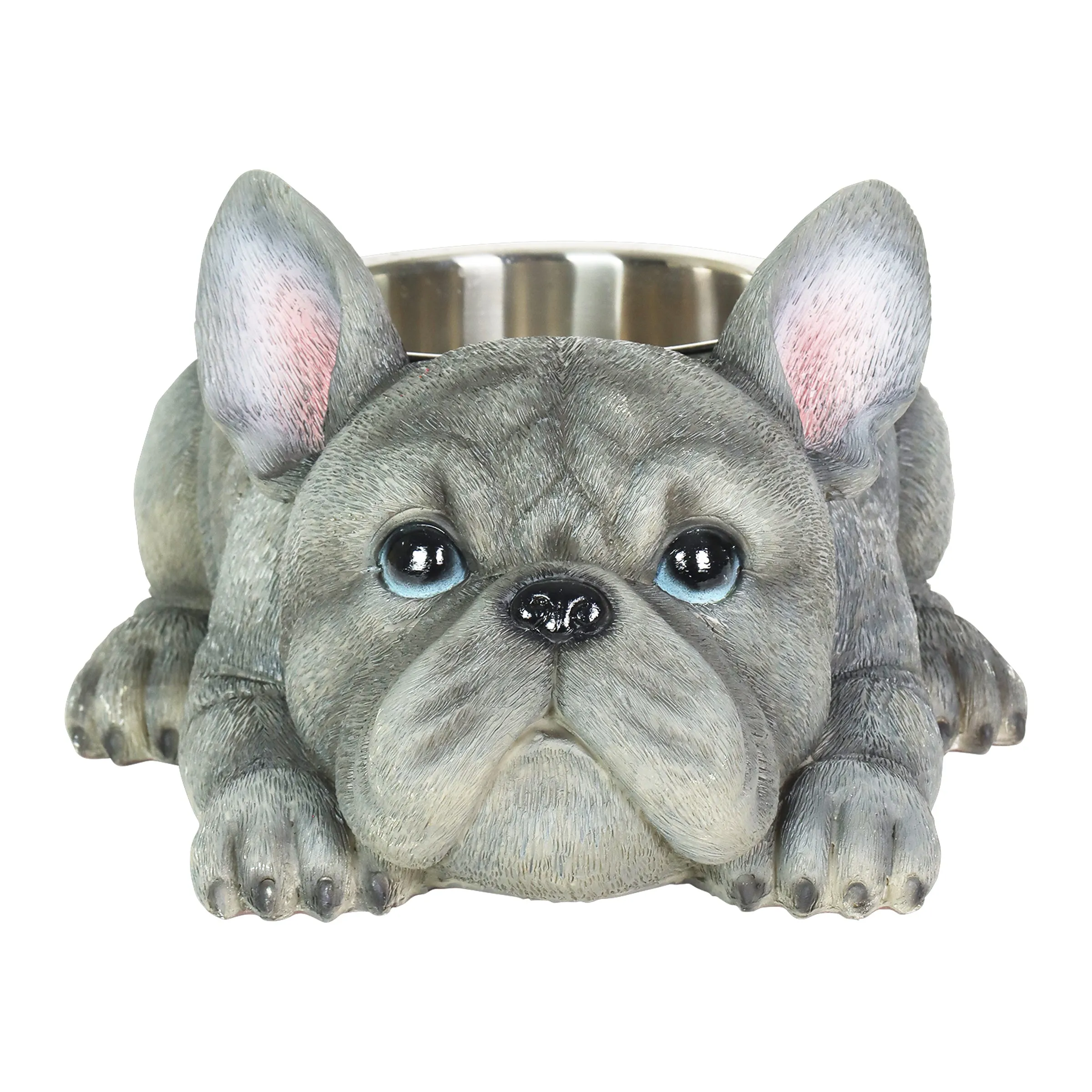 Grey French Bulldog Bowl with Stainless Bowl Insert, 12 by 6 Inches