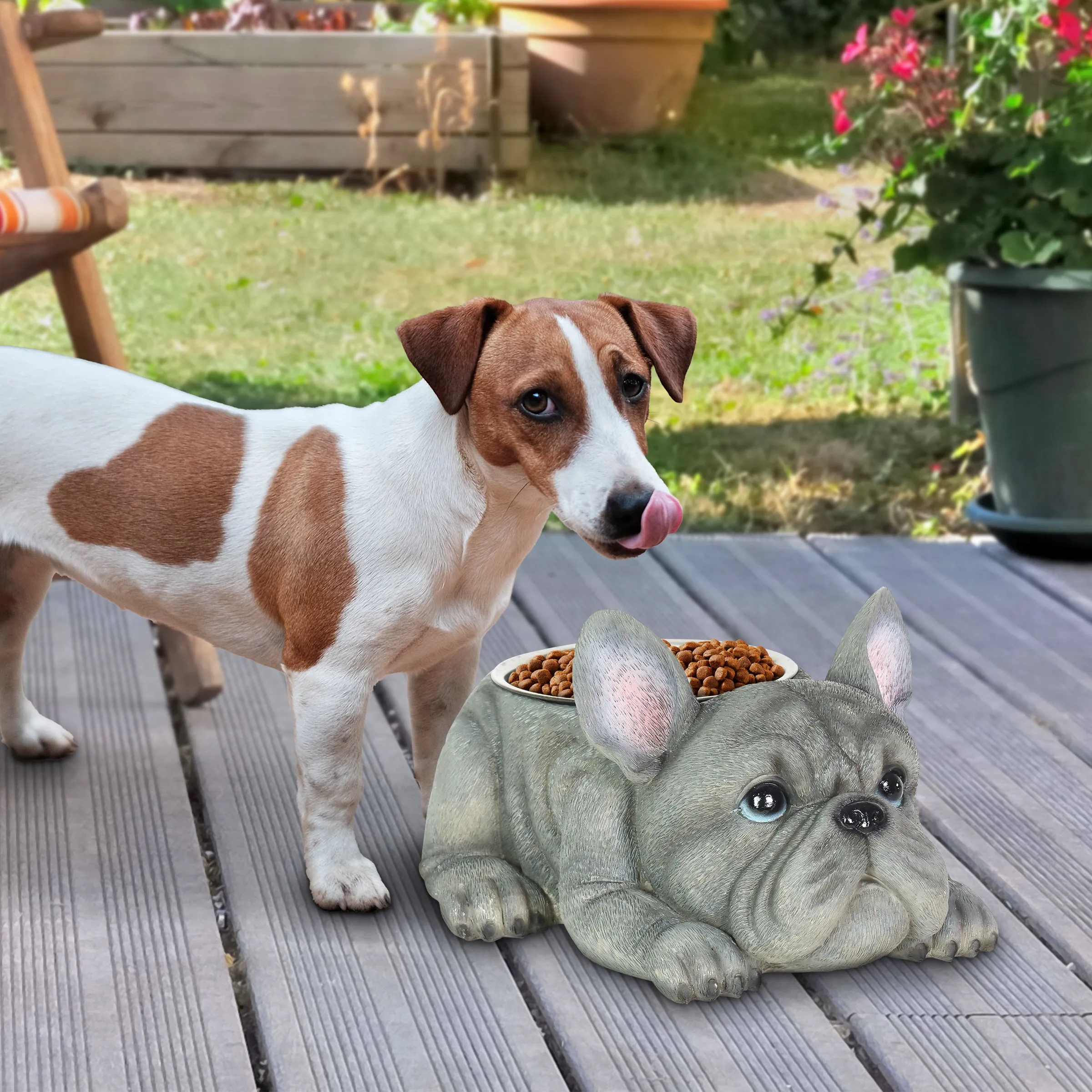 Grey French Bulldog Bowl with Stainless Bowl Insert, 12 by 6 Inches