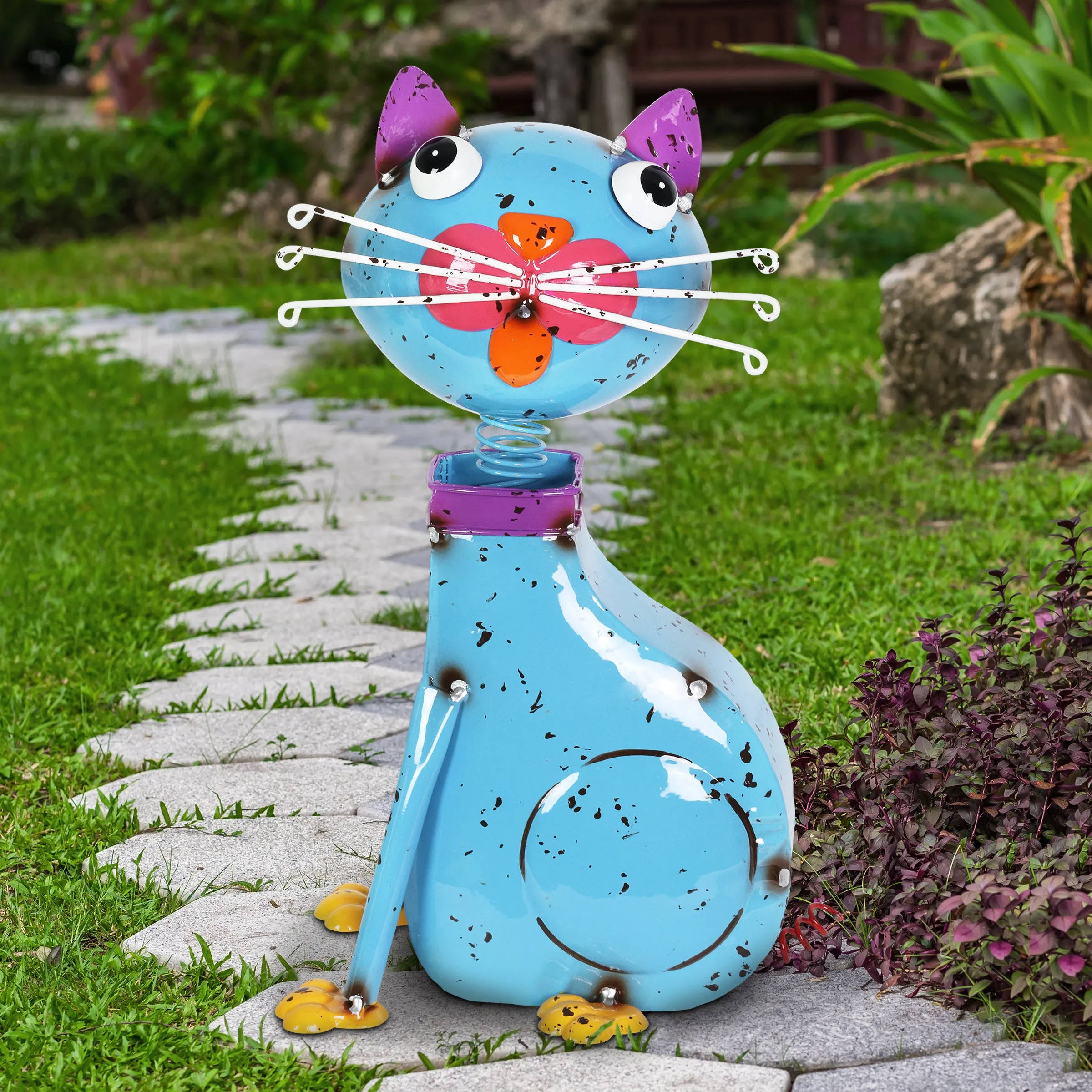 Hand Painted Blue Metal Cat Statuary, 13 Inch