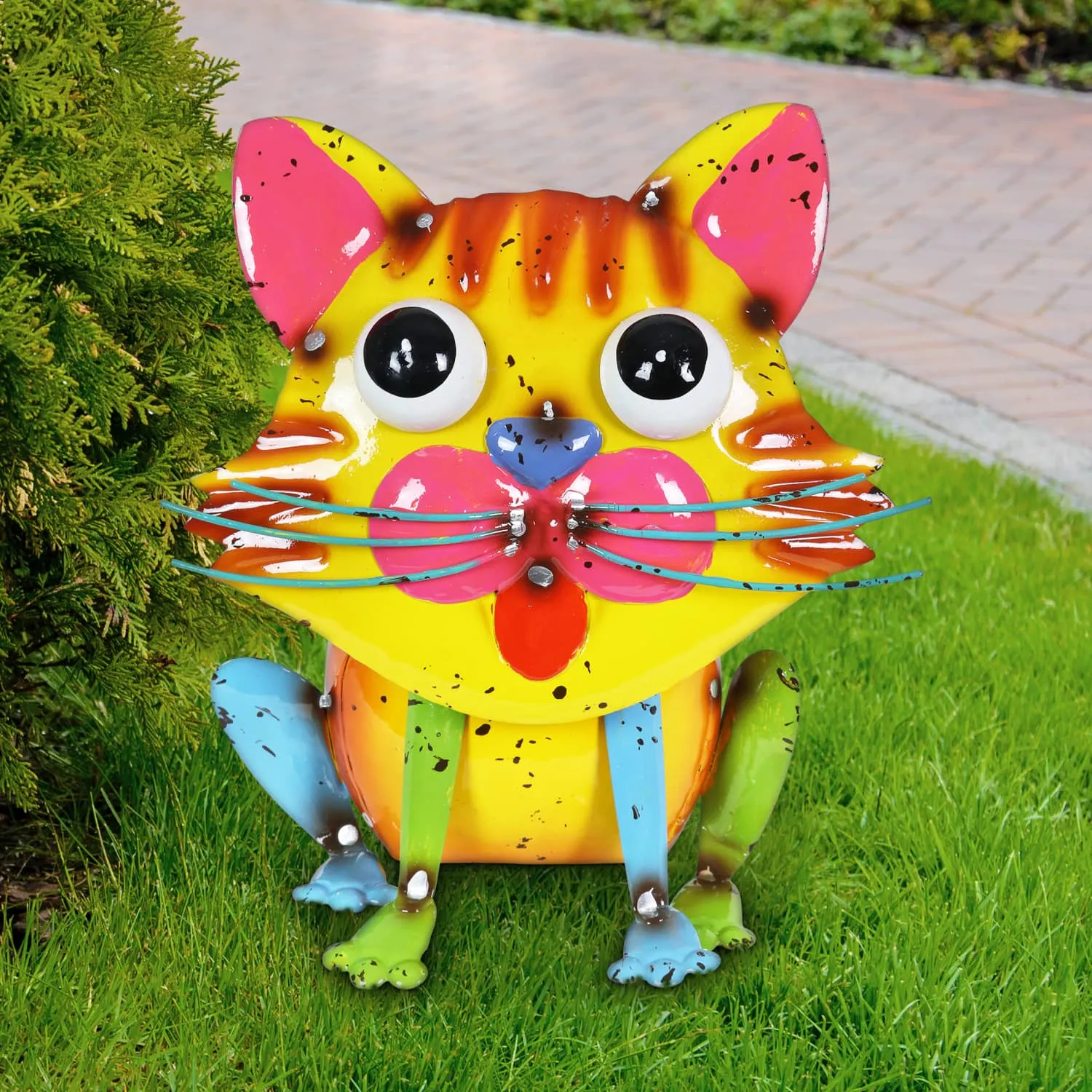 Hand Painted Bright Metal Cat Statuary, 8 Inch