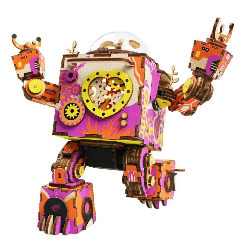 Limited Edition Colorful Robot Wooden DIY 3D Puzzle Game Steampunk Music Box Toy Gift for Children Lover Friends