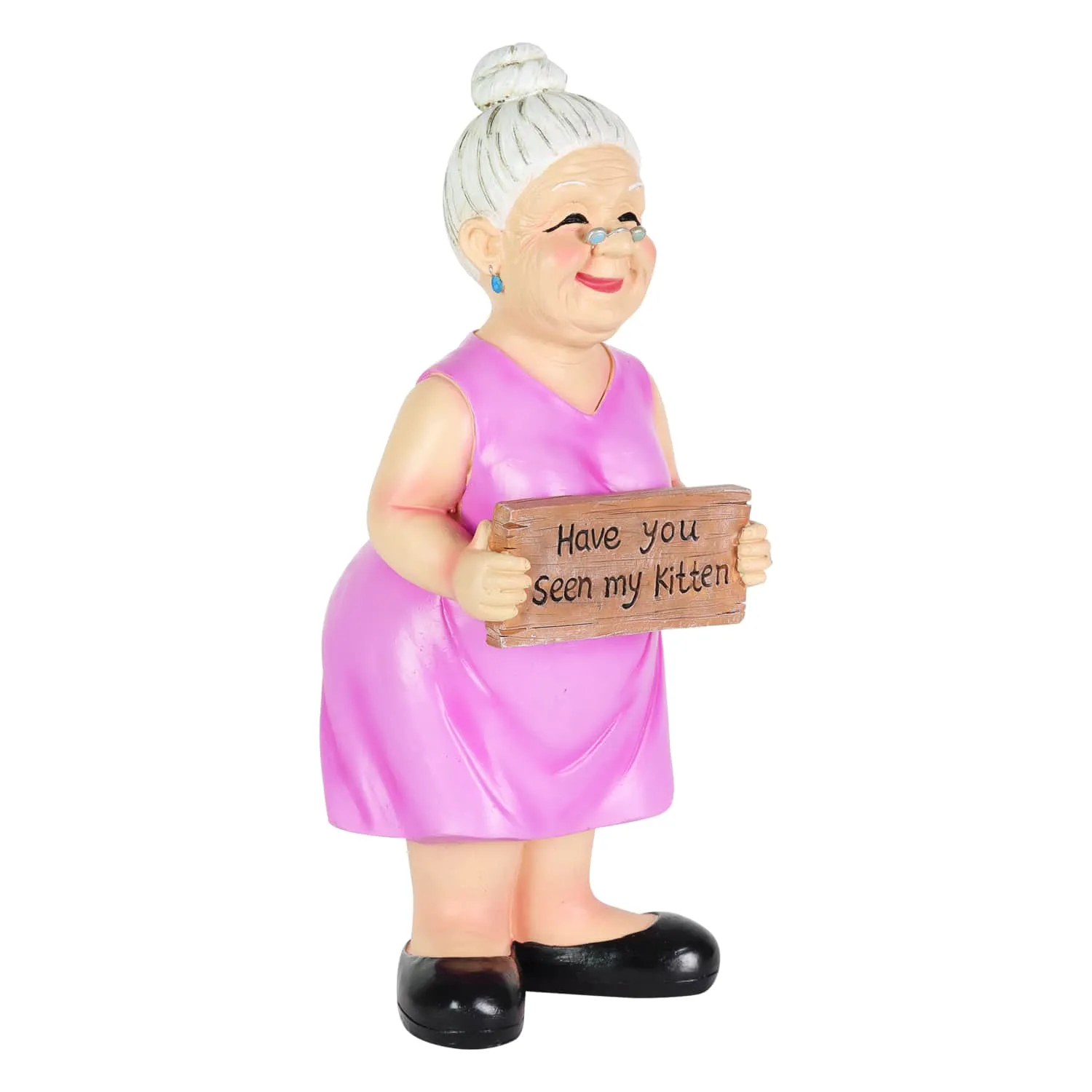 Old Lady Garden Statue with "Have You Seen My Kitten" Sign, 6 by 13.5 Inches