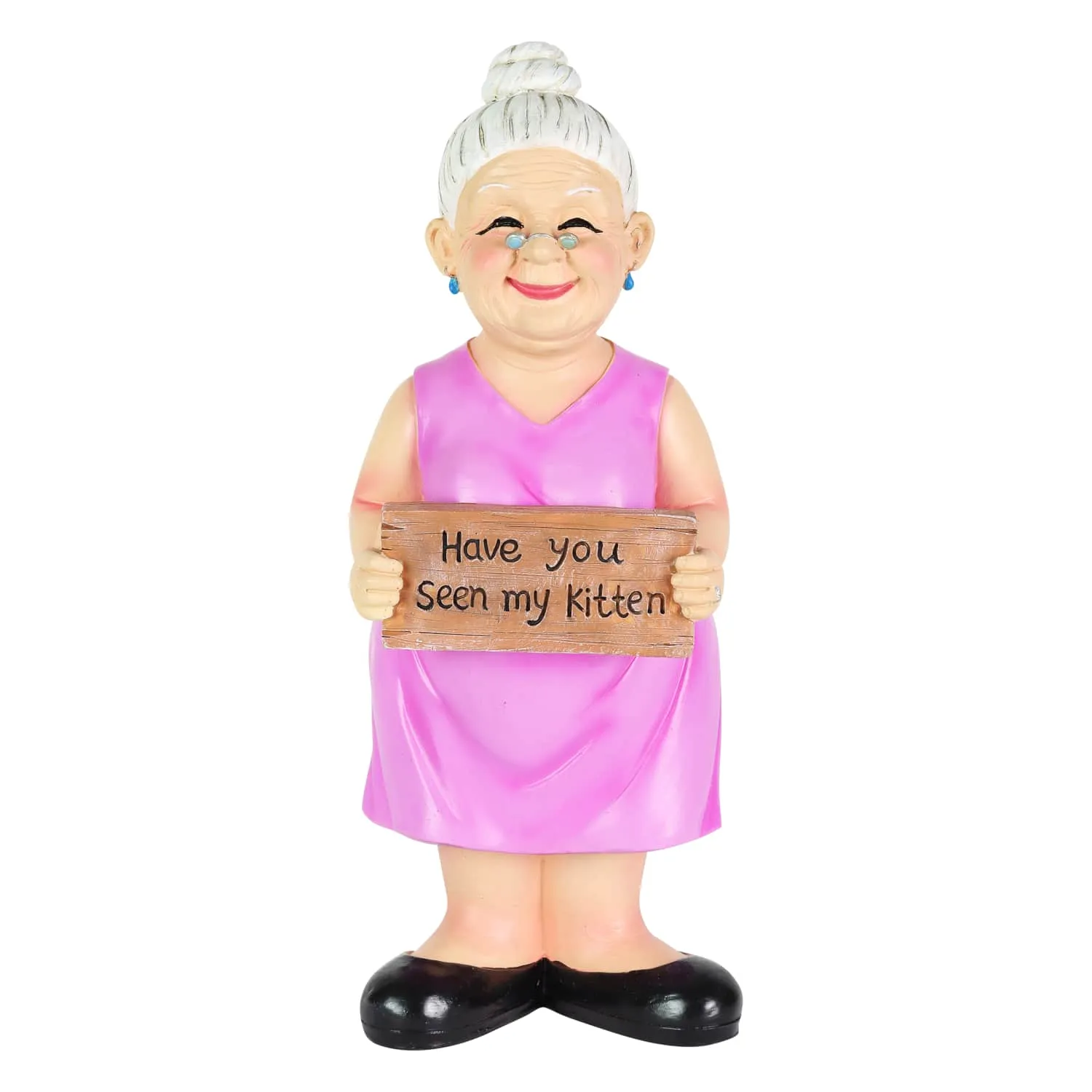 Old Lady Garden Statue with "Have You Seen My Kitten" Sign, 6 by 13.5 Inches