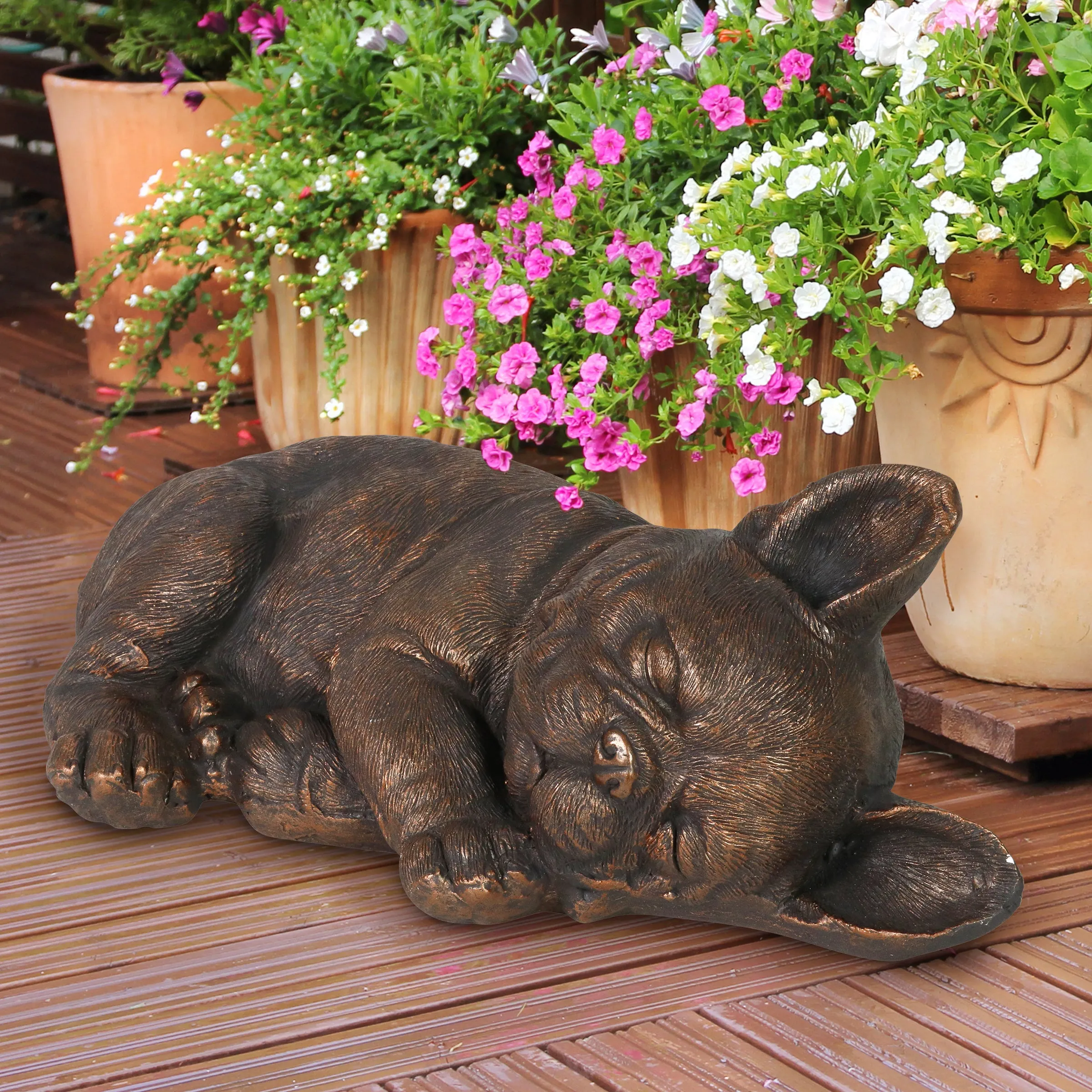 Sleeping French Bulldog Garden Statue in Bronze Look, 21 by 7 Inches