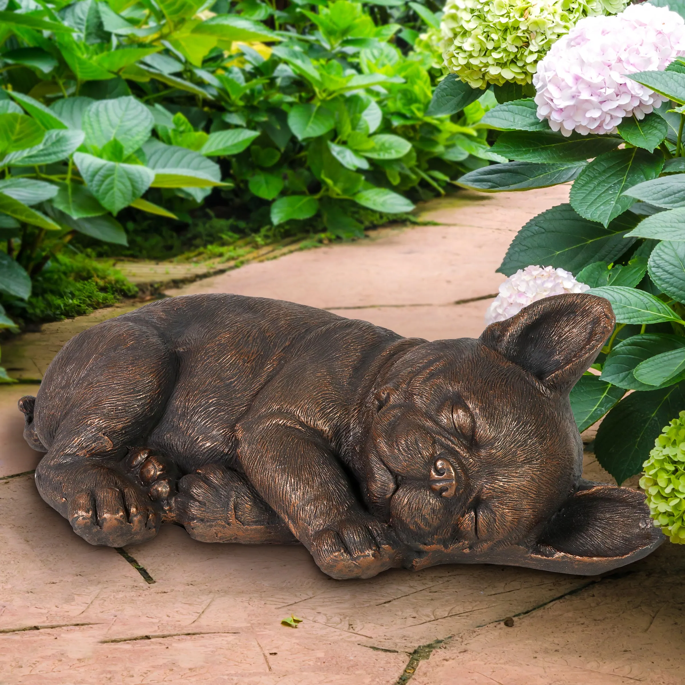 Sleeping French Bulldog Garden Statue in Bronze Look, 21 by 7 Inches