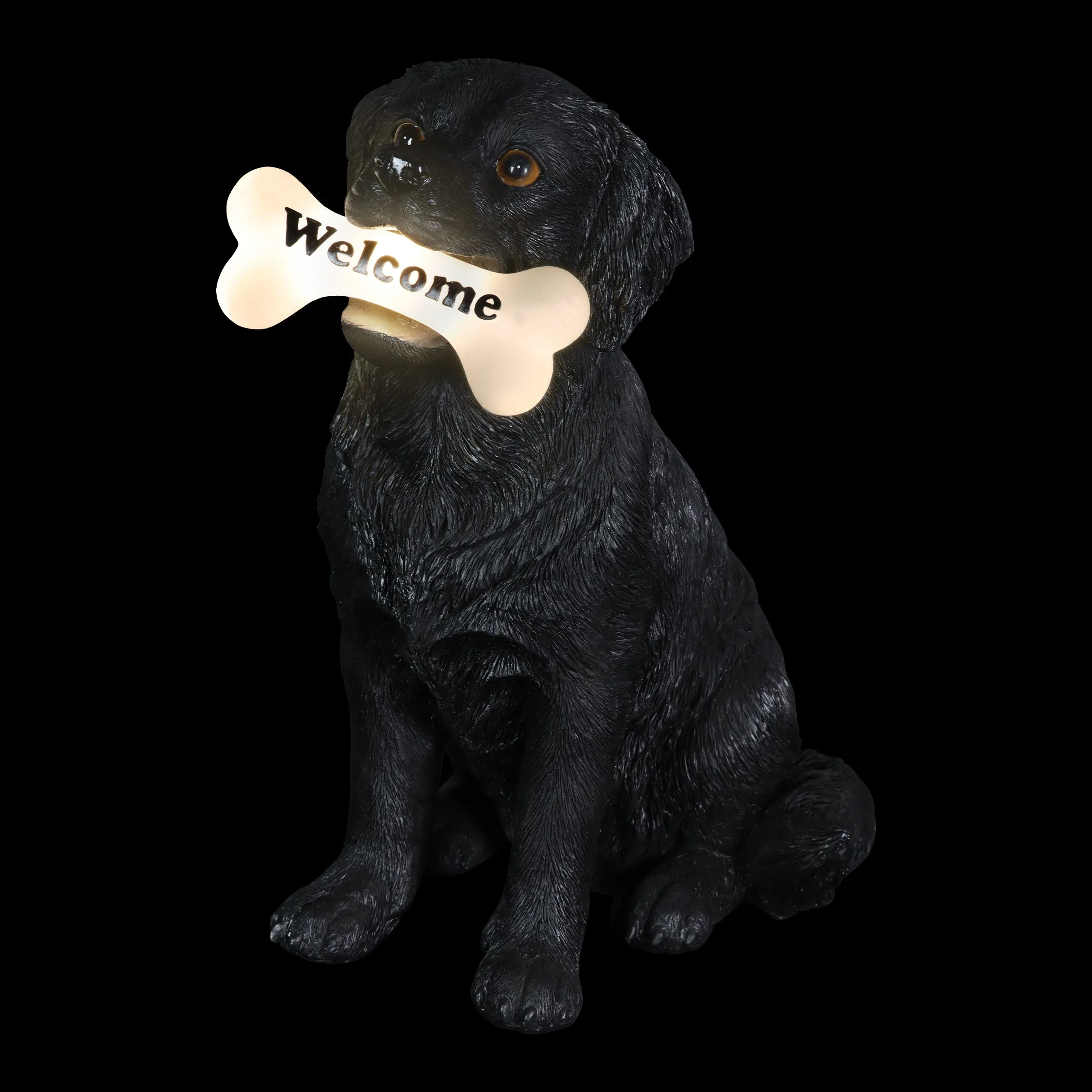 Solar Black Labrador Retriever Dog with LED Welcome Bone Garden Statuary, 14 Inch tall