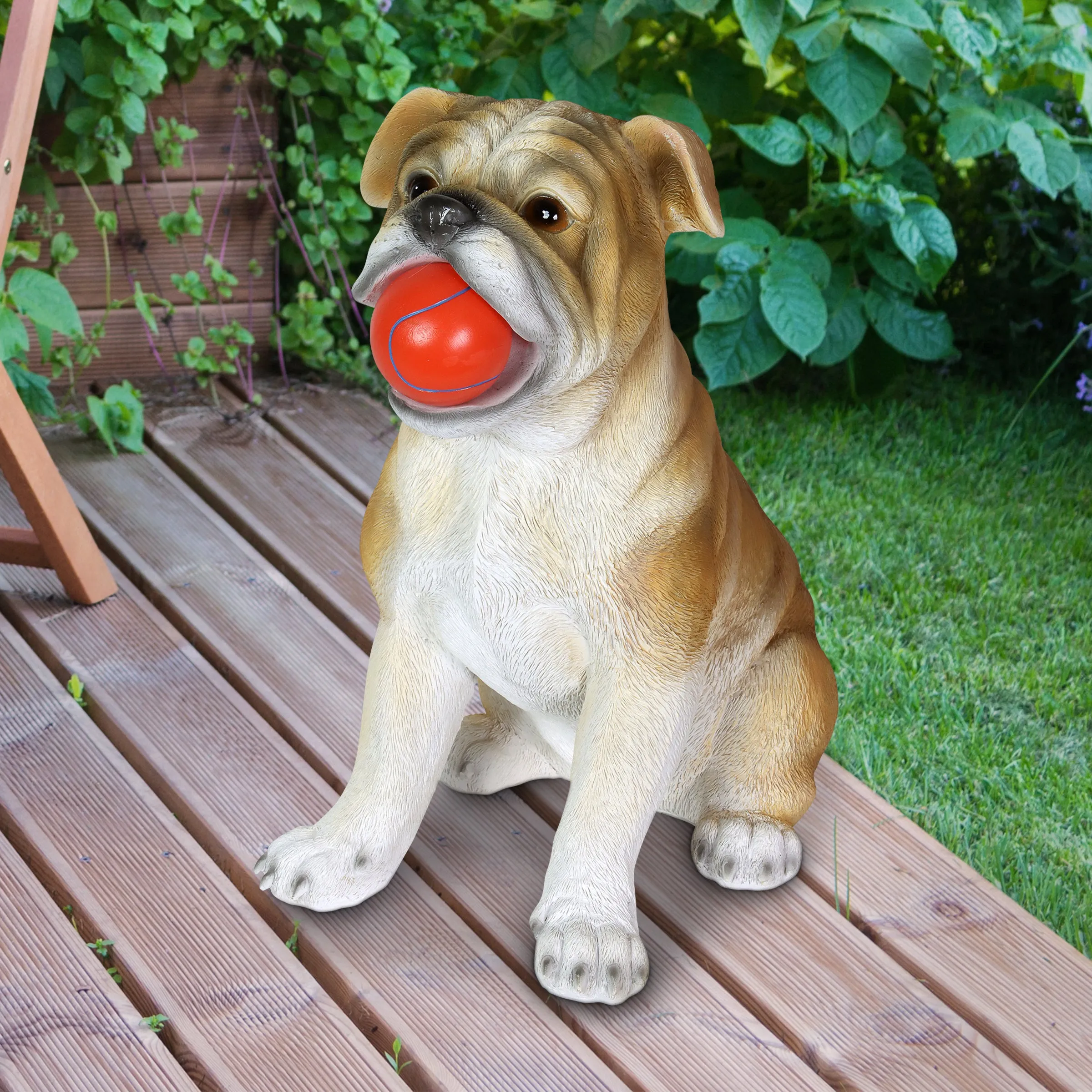 Solar Bulldog with LED Red Ball Garden Statuary, 13 Inch tall