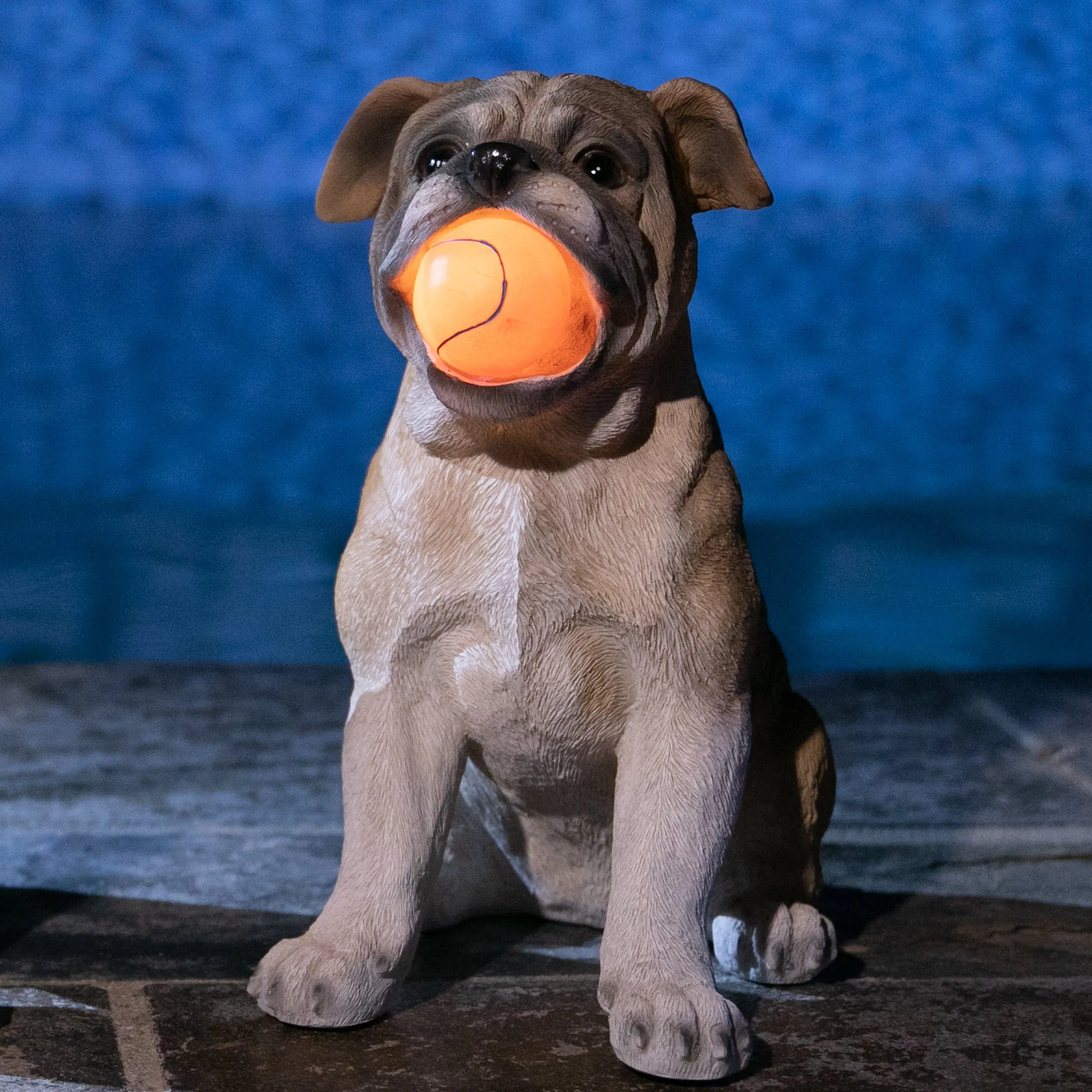 Solar Bulldog with LED Red Ball Garden Statuary, 13 Inch tall