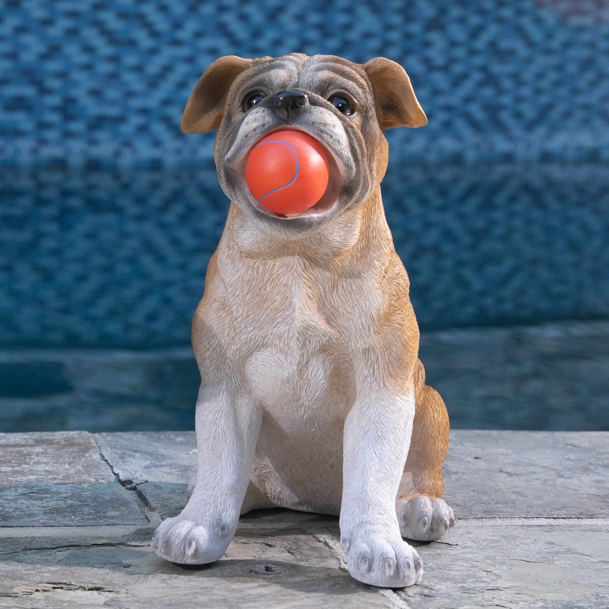 Solar Bulldog with LED Red Ball Garden Statuary, 13 Inch tall