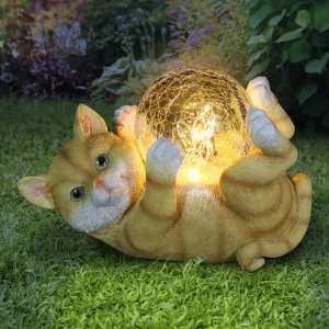 Solar Cat Playing with LED Crackle Ball Garden Statuary, 10.5 by 7.5 Inches