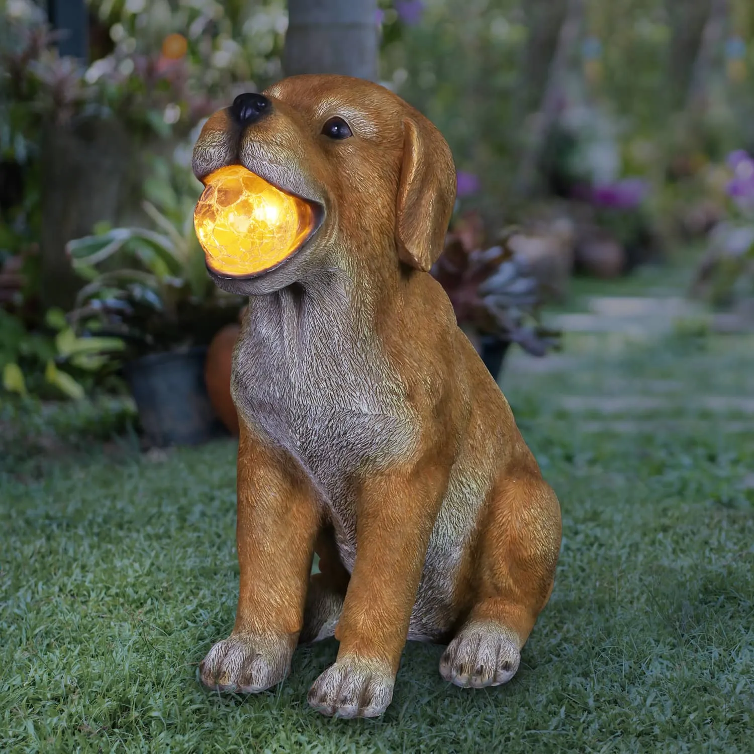 Solar Dog with LED Ball in Mouth Garden Statuary, 12 Inch tall