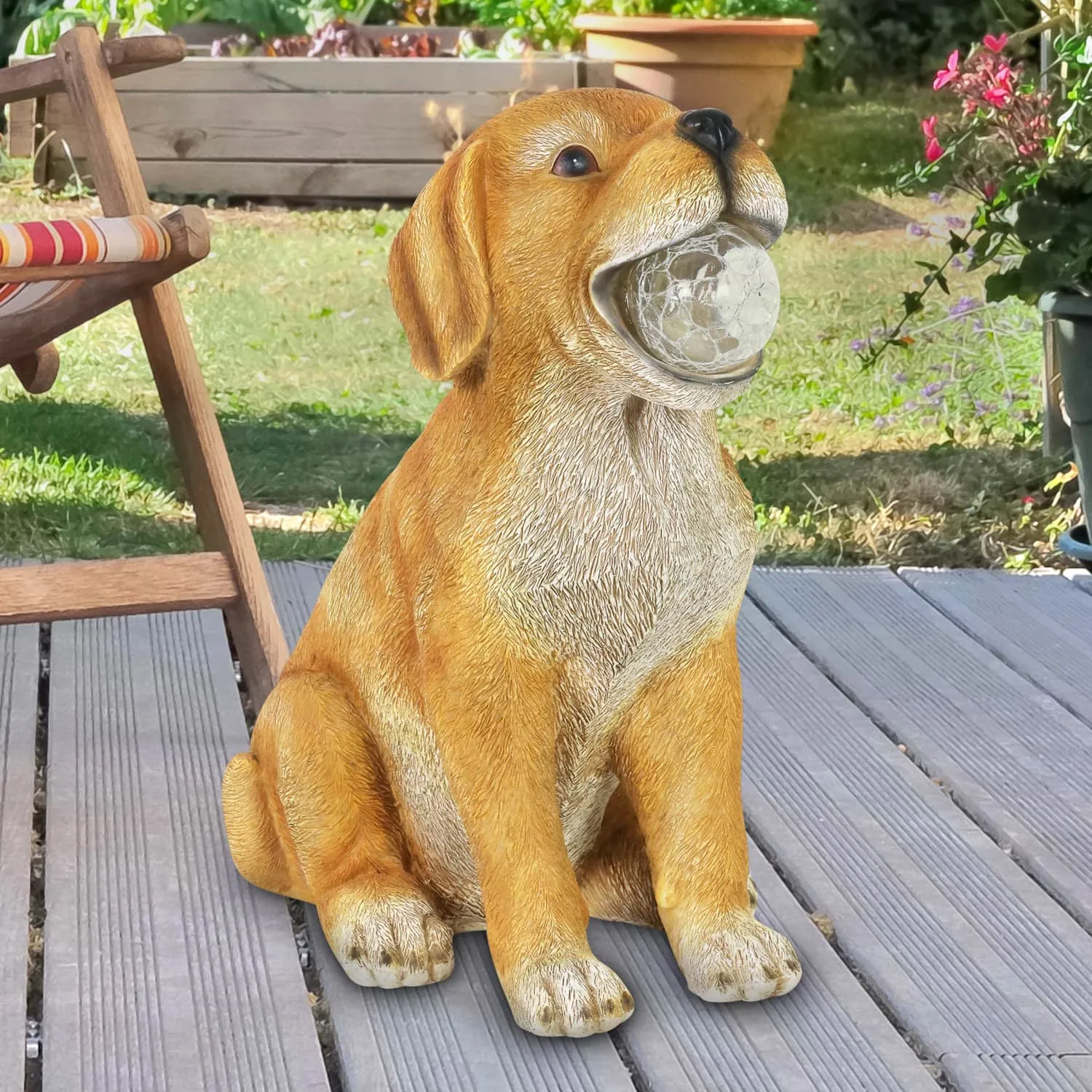 Solar Dog with LED Ball in Mouth Garden Statuary, 12 Inch tall