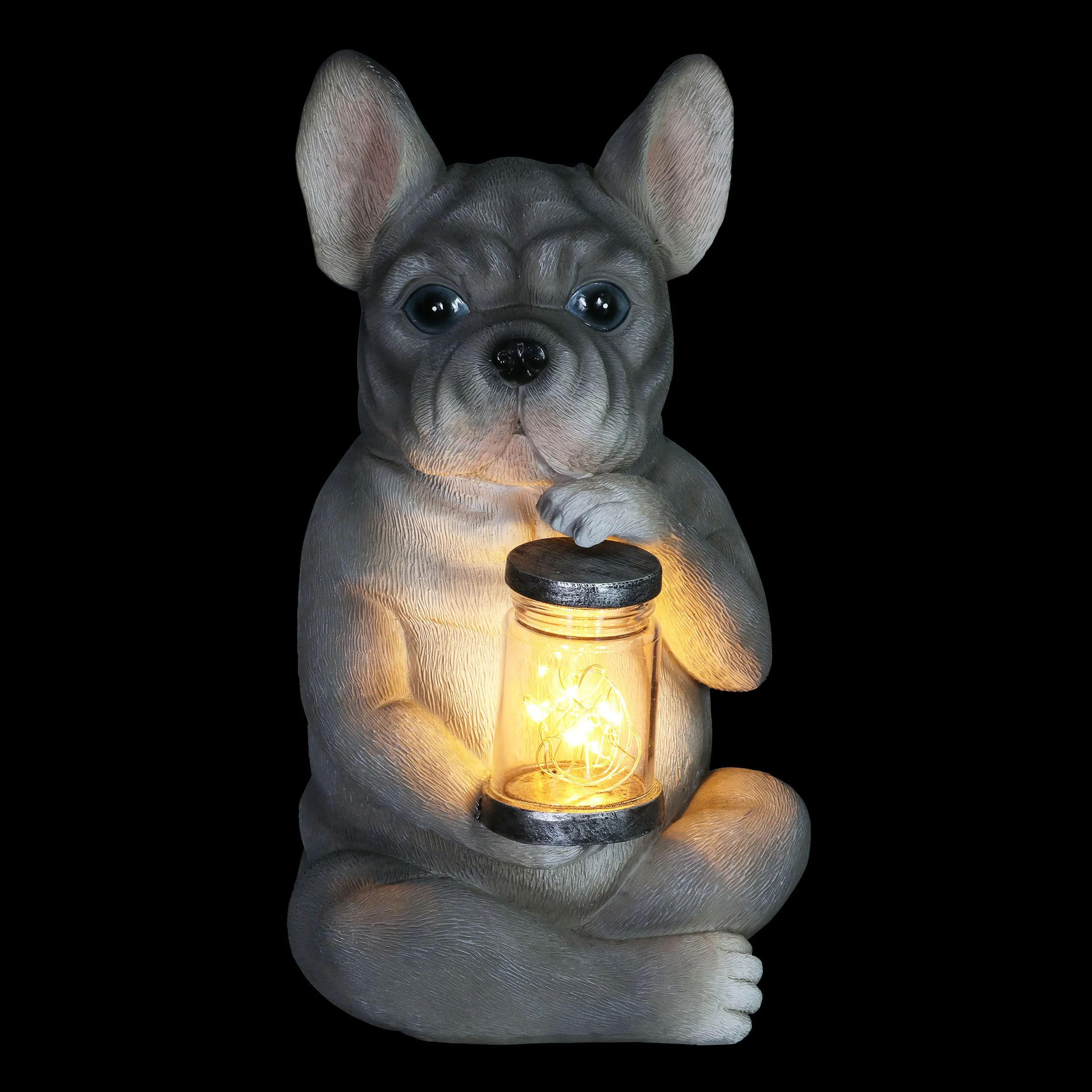 Solar French Bulldog Garden Statuary with LED Firefly Jar, 10 Inches tall