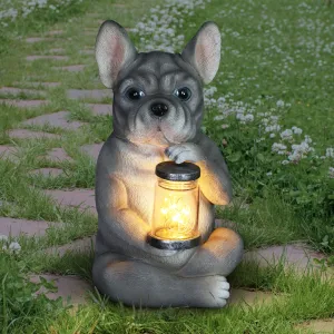 Solar French Bulldog Garden Statuary with LED Firefly Jar, 10 Inches tall