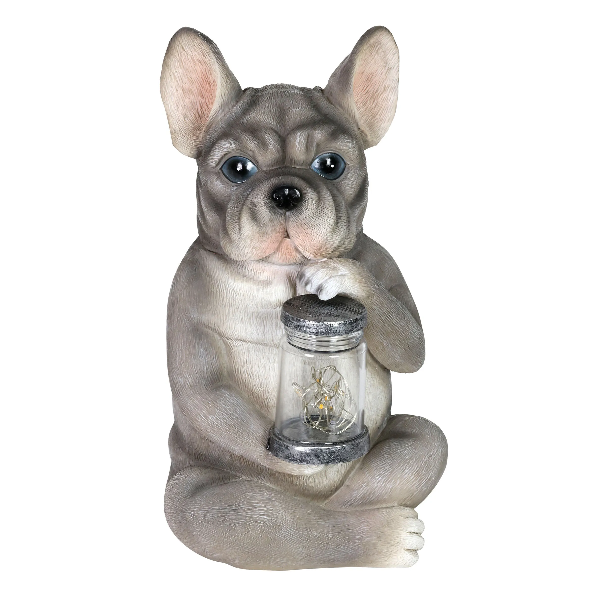 Solar French Bulldog Garden Statuary with LED Firefly Jar, 10 Inches tall