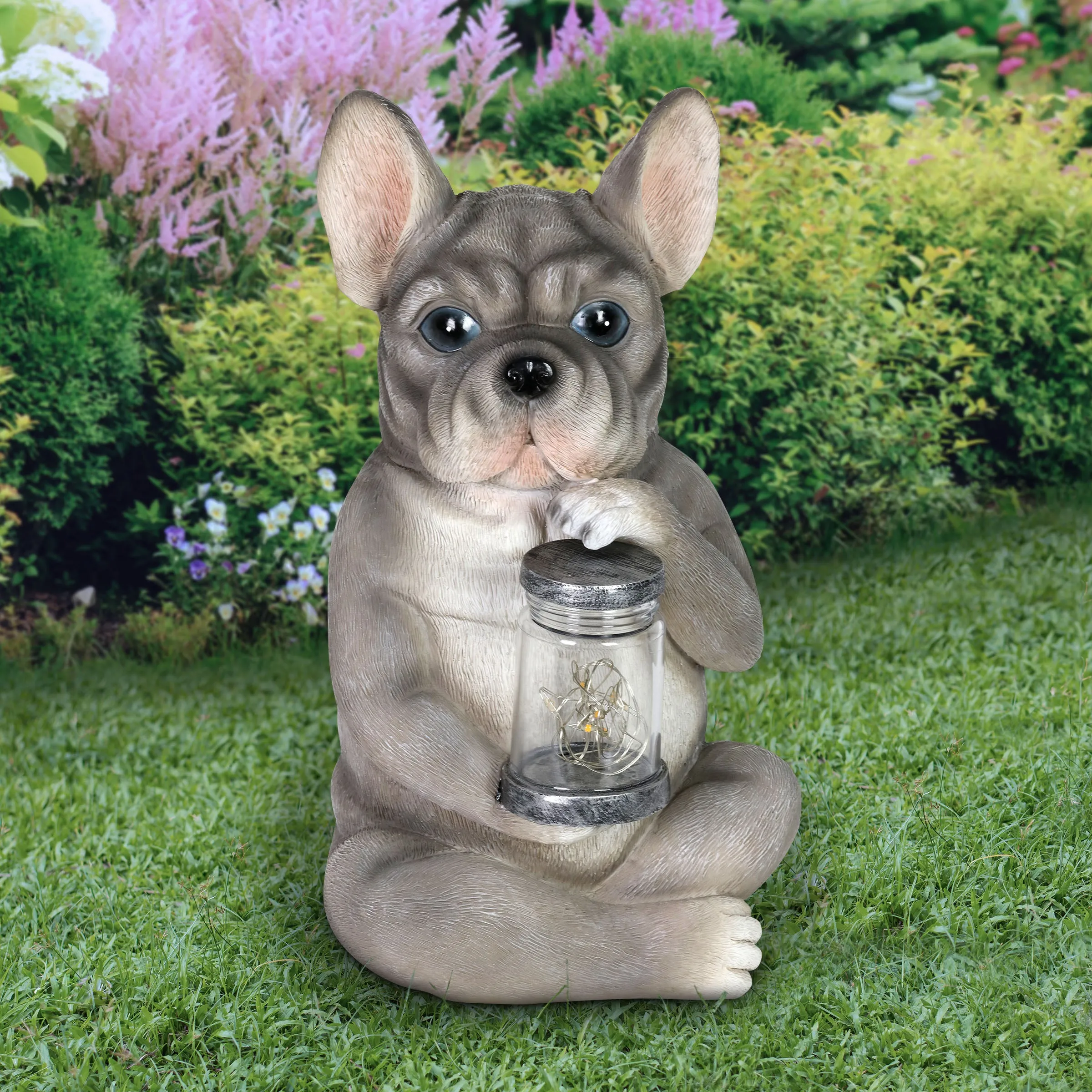 Solar French Bulldog Garden Statuary with LED Firefly Jar, 10 Inches tall