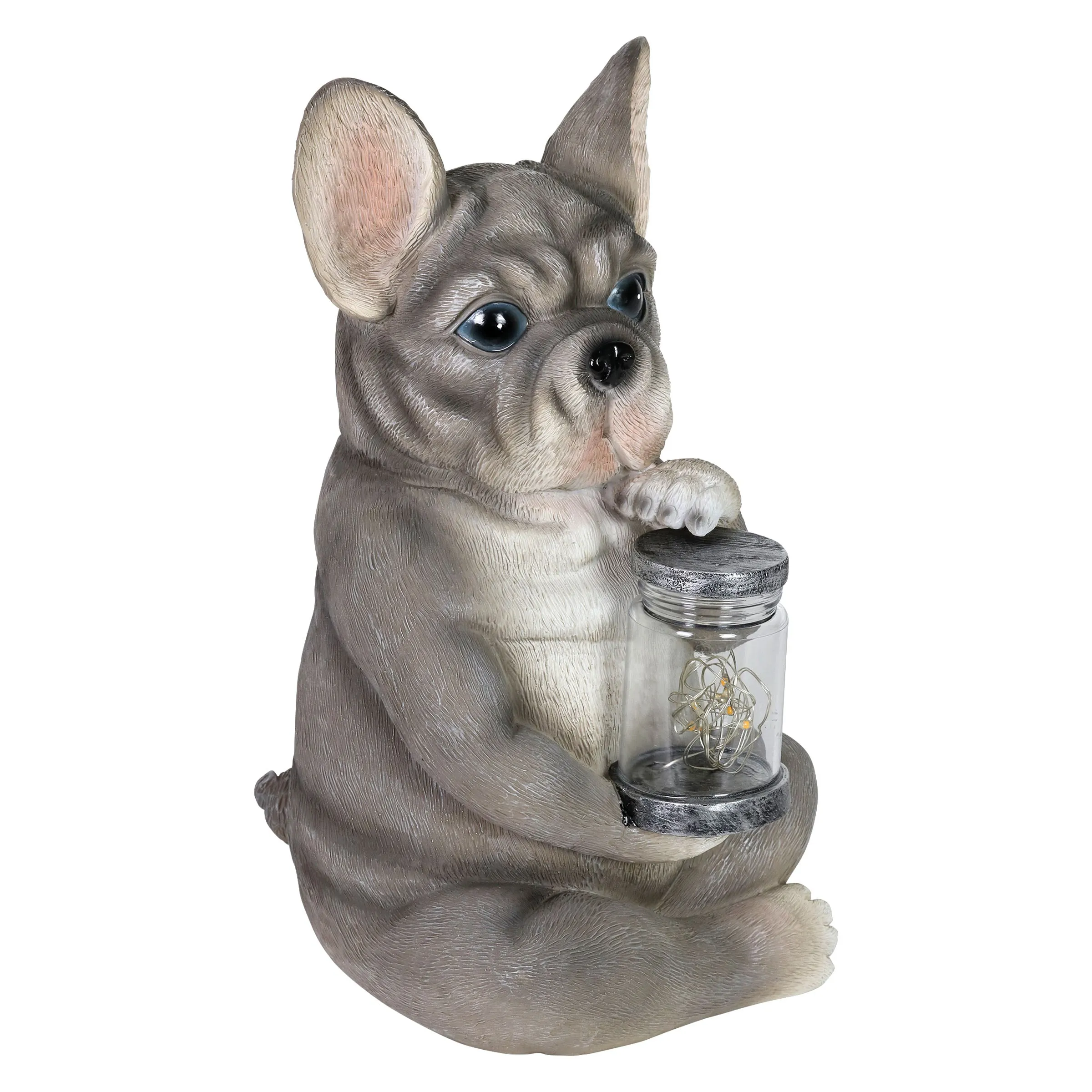 Solar French Bulldog Garden Statuary with LED Firefly Jar, 10 Inches tall