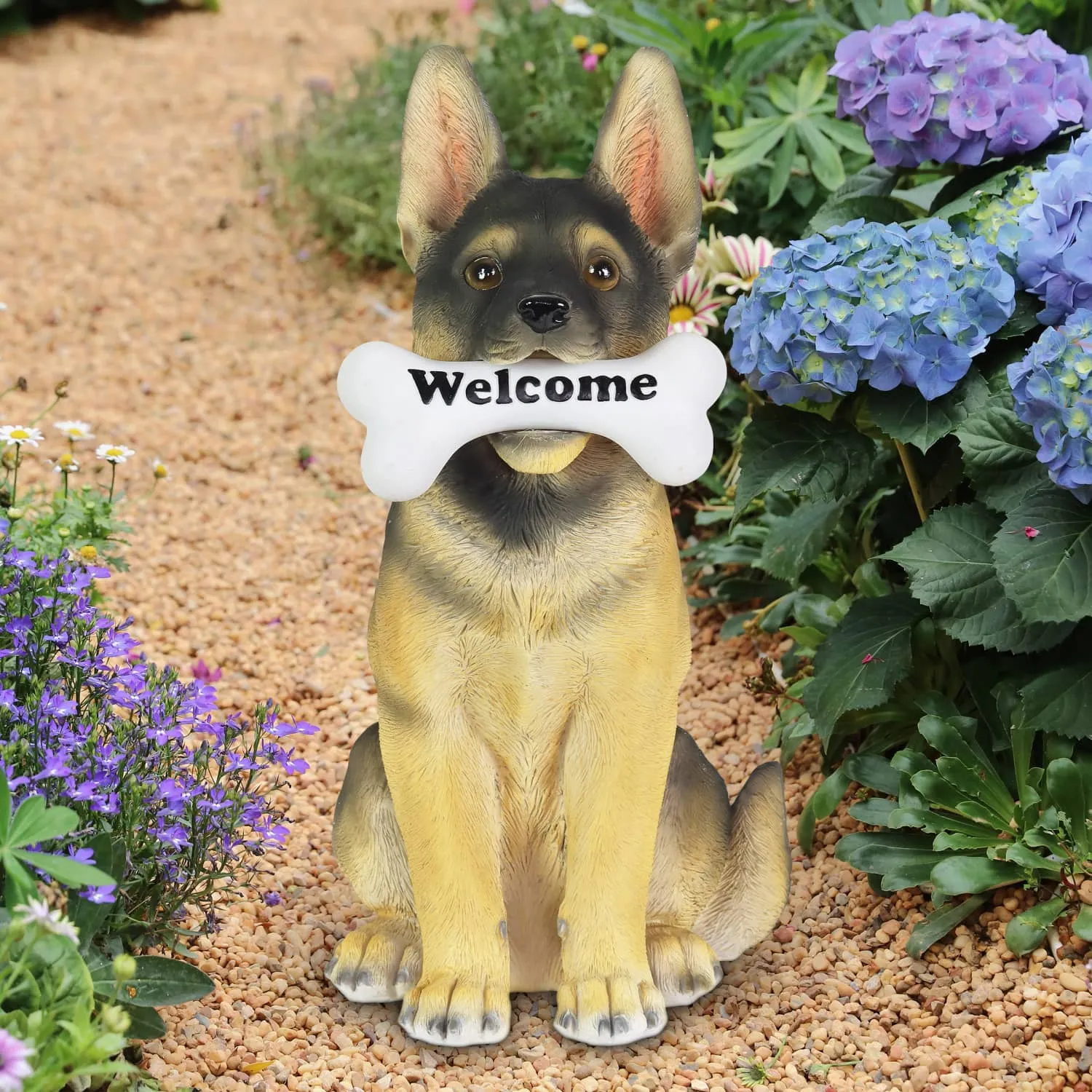 Solar German Shepherd Dog with LED Welcome Bone Garden Statuary, 14.5 Inch tall