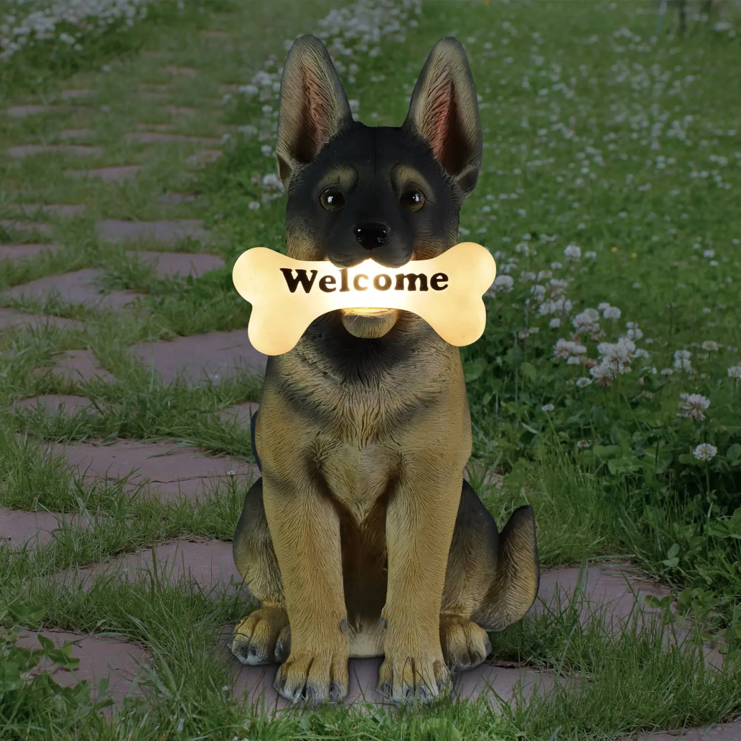 Solar German Shepherd Dog with LED Welcome Bone Garden Statuary, 14.5 Inch tall