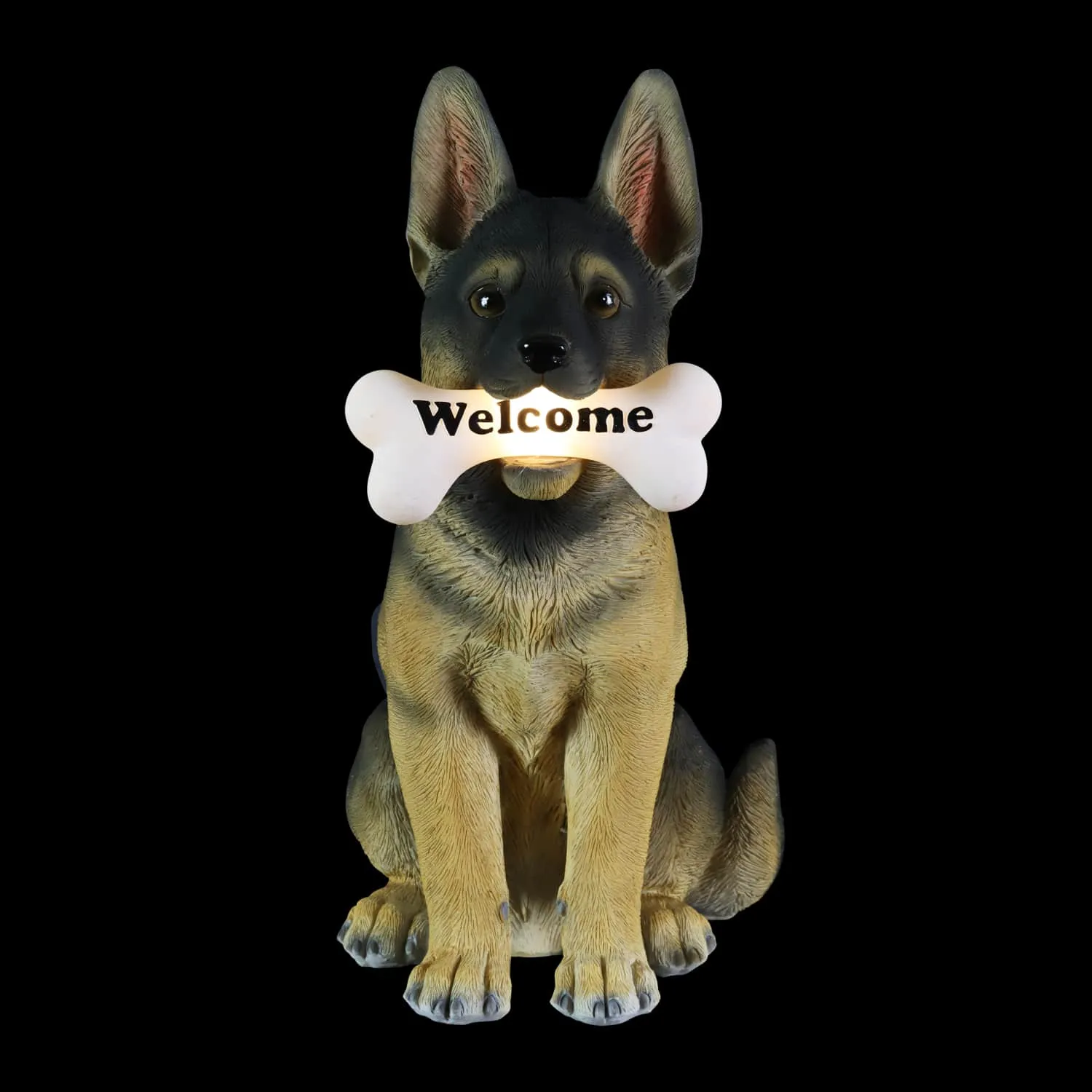 Solar German Shepherd Dog with LED Welcome Bone Garden Statuary, 14.5 Inch tall