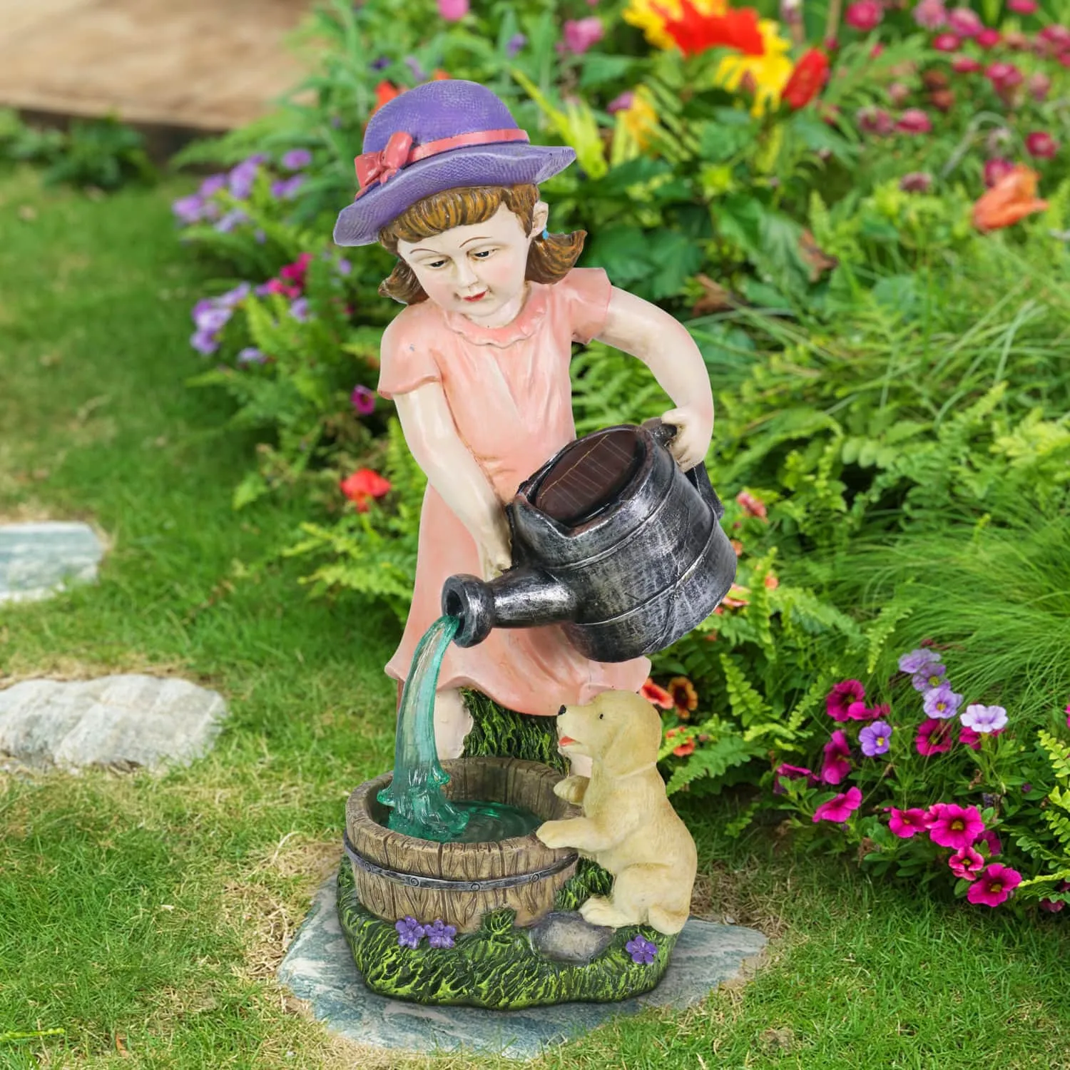 Solar Girl Pouring Water Garden Statue, 12 Inch