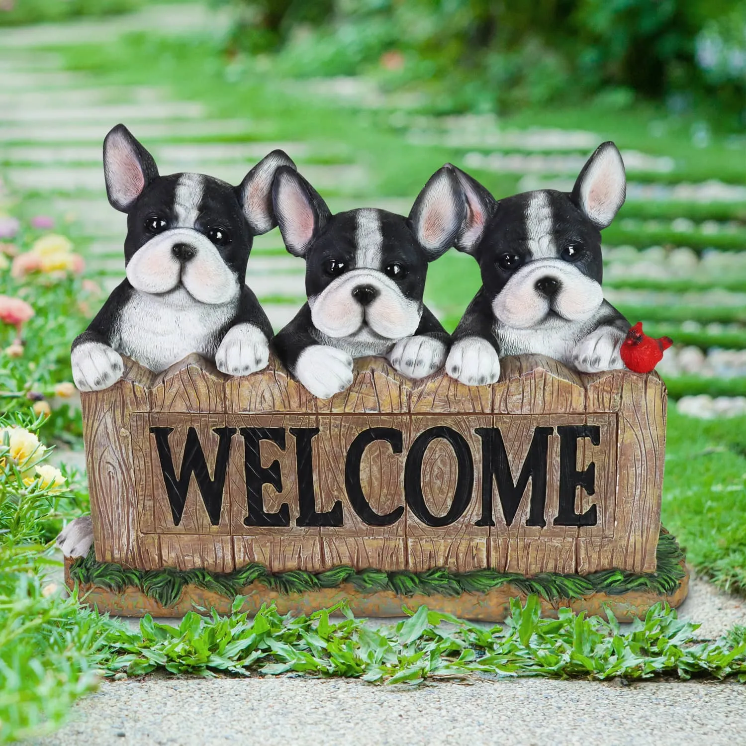 Solar Three Boston Terrier Welcome Sign Garden Statuary, 8.5 Inches tall