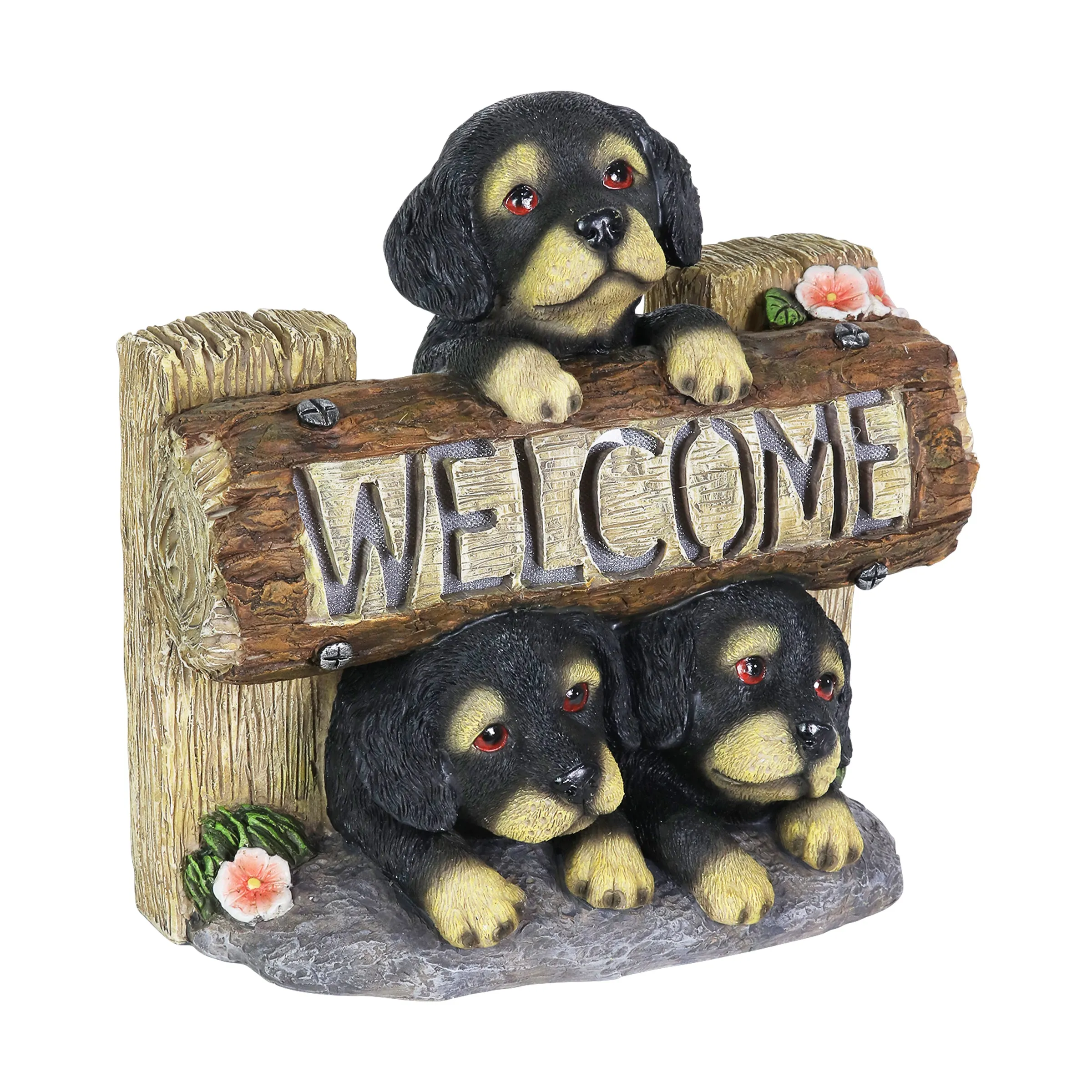 Solar Three Dogs Welcome Sign Garden Statuary, 8.5 Inches tall