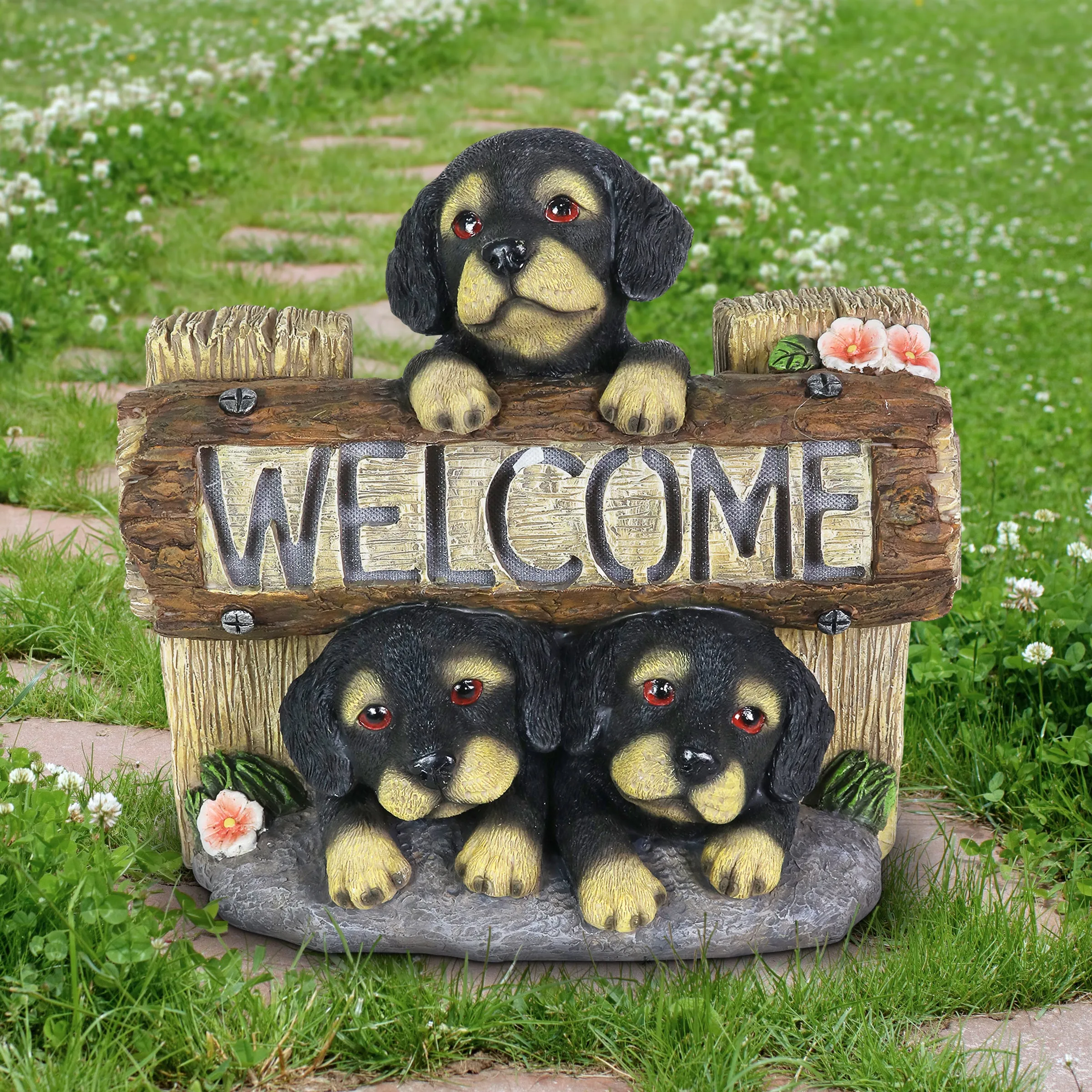 Solar Three Dogs Welcome Sign Garden Statuary, 8.5 Inches tall