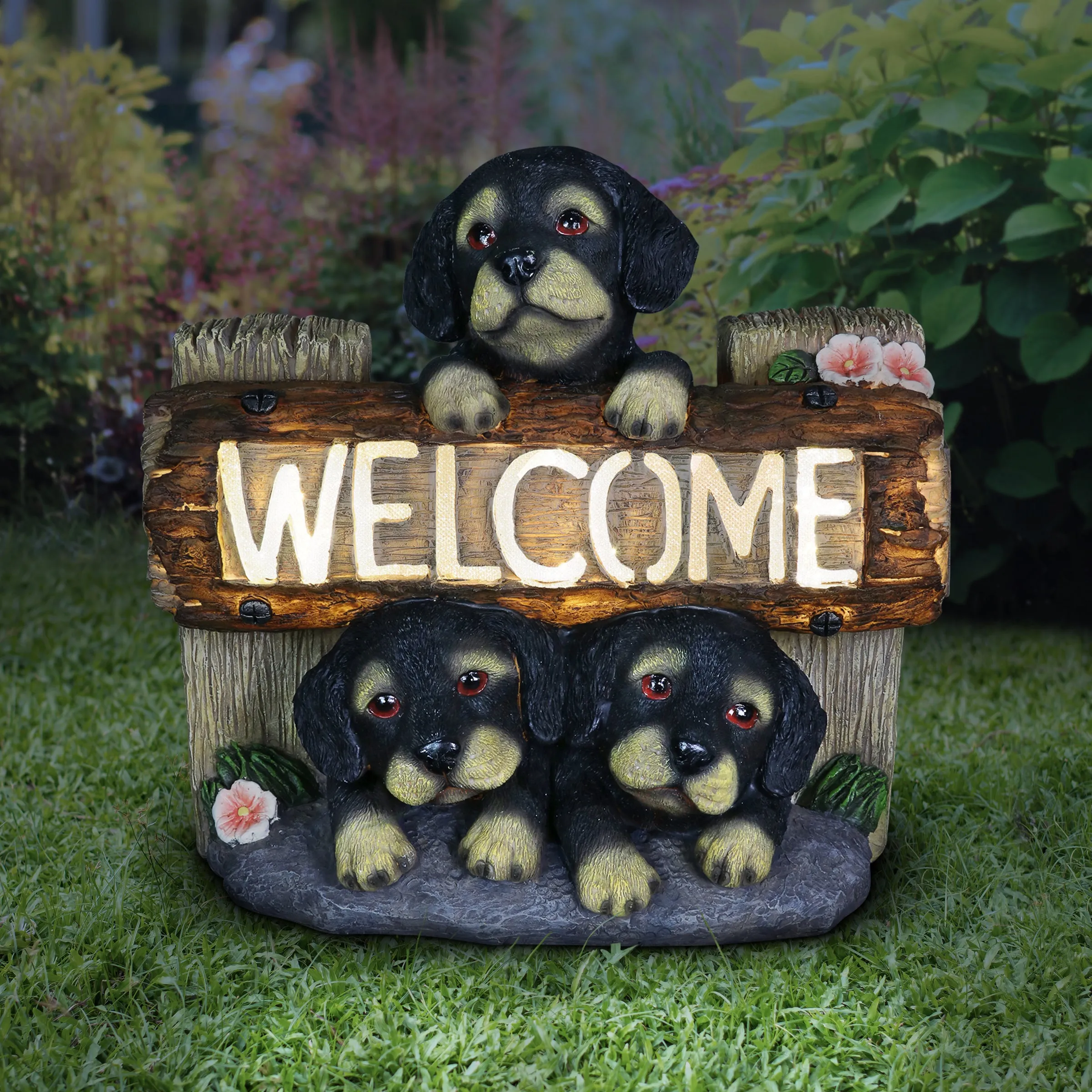 Solar Three Dogs Welcome Sign Garden Statuary, 8.5 Inches tall