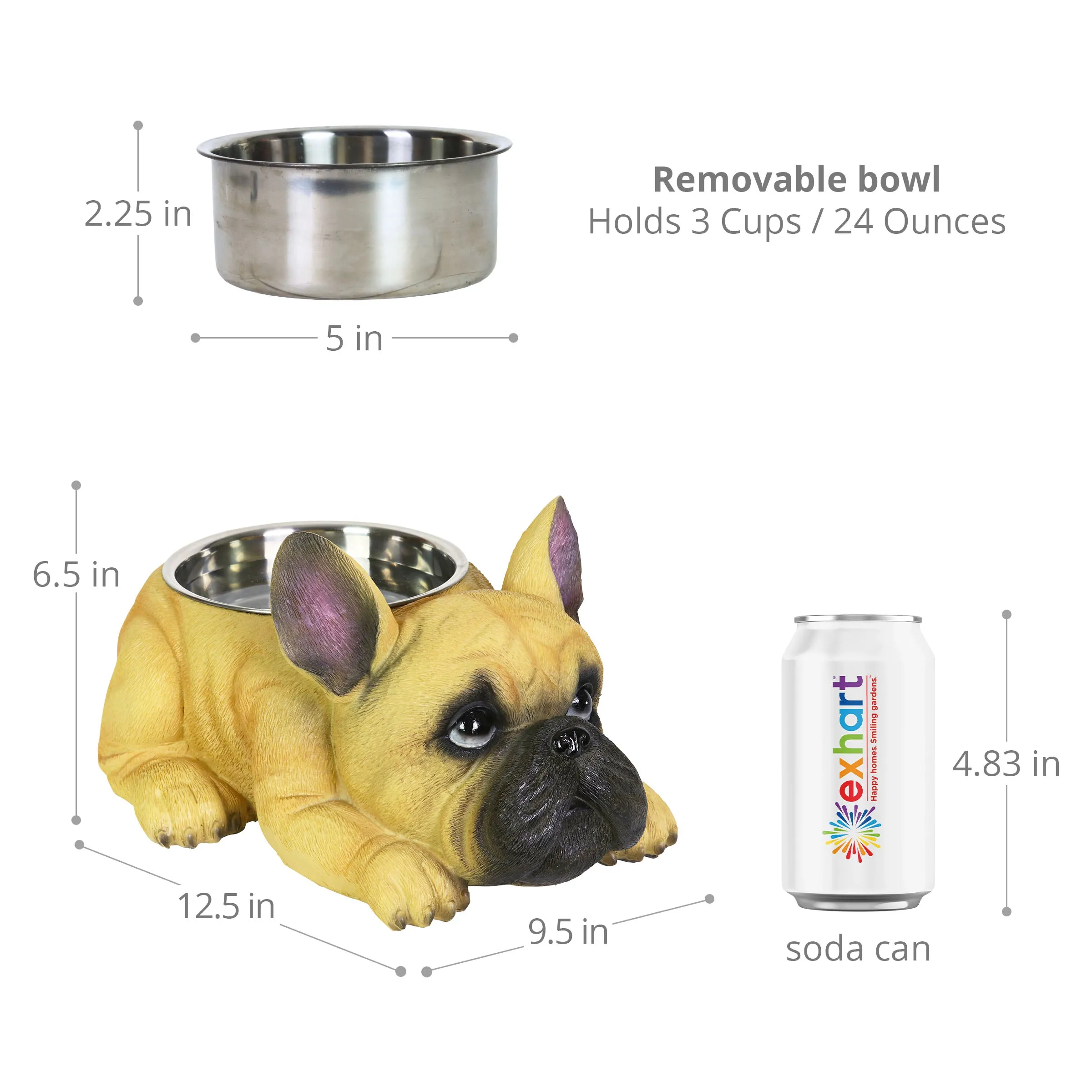 Tan French Bulldog Bowl with Stainless Bowl Insert, 12 by 6 Inches