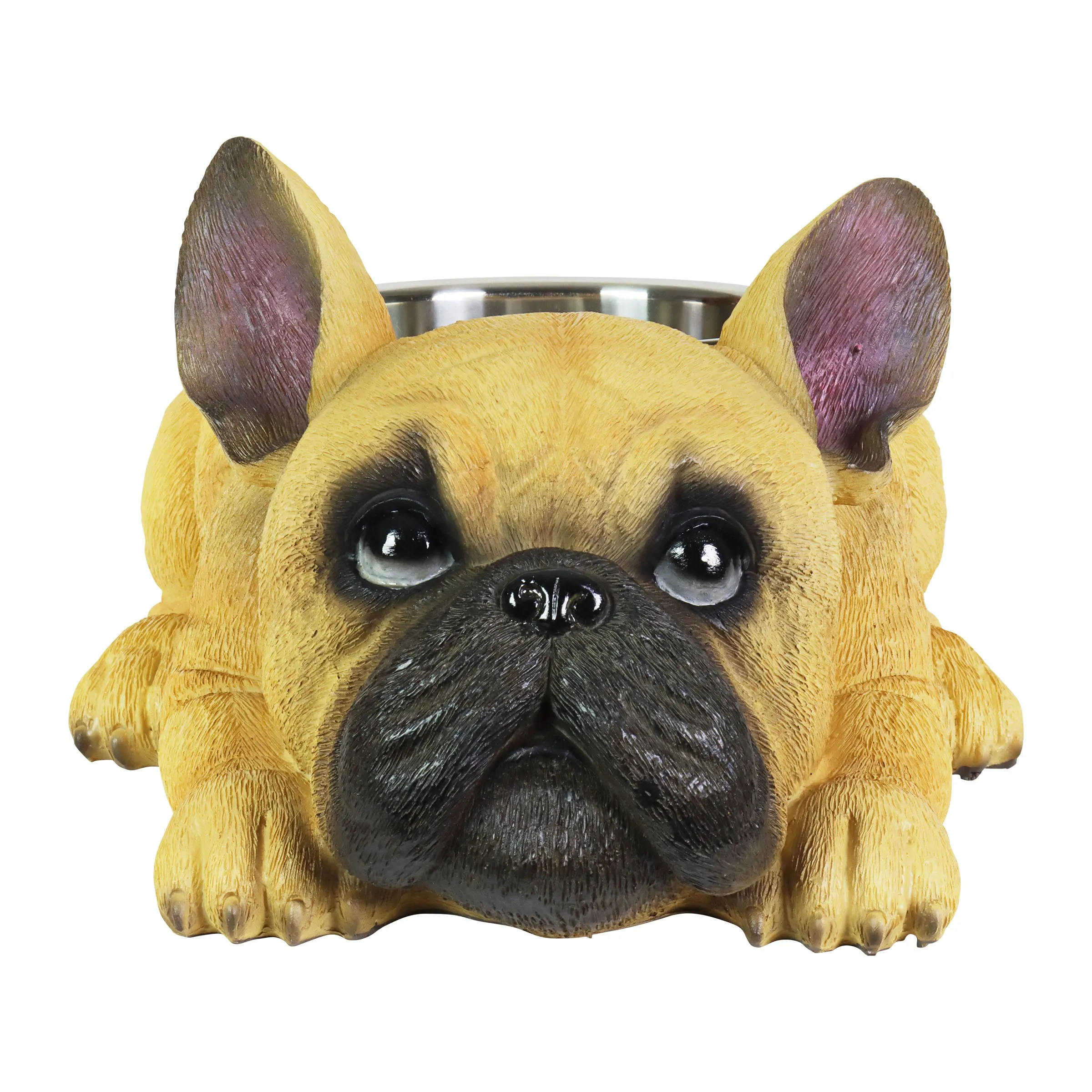 Tan French Bulldog Bowl with Stainless Bowl Insert, 12 by 6 Inches