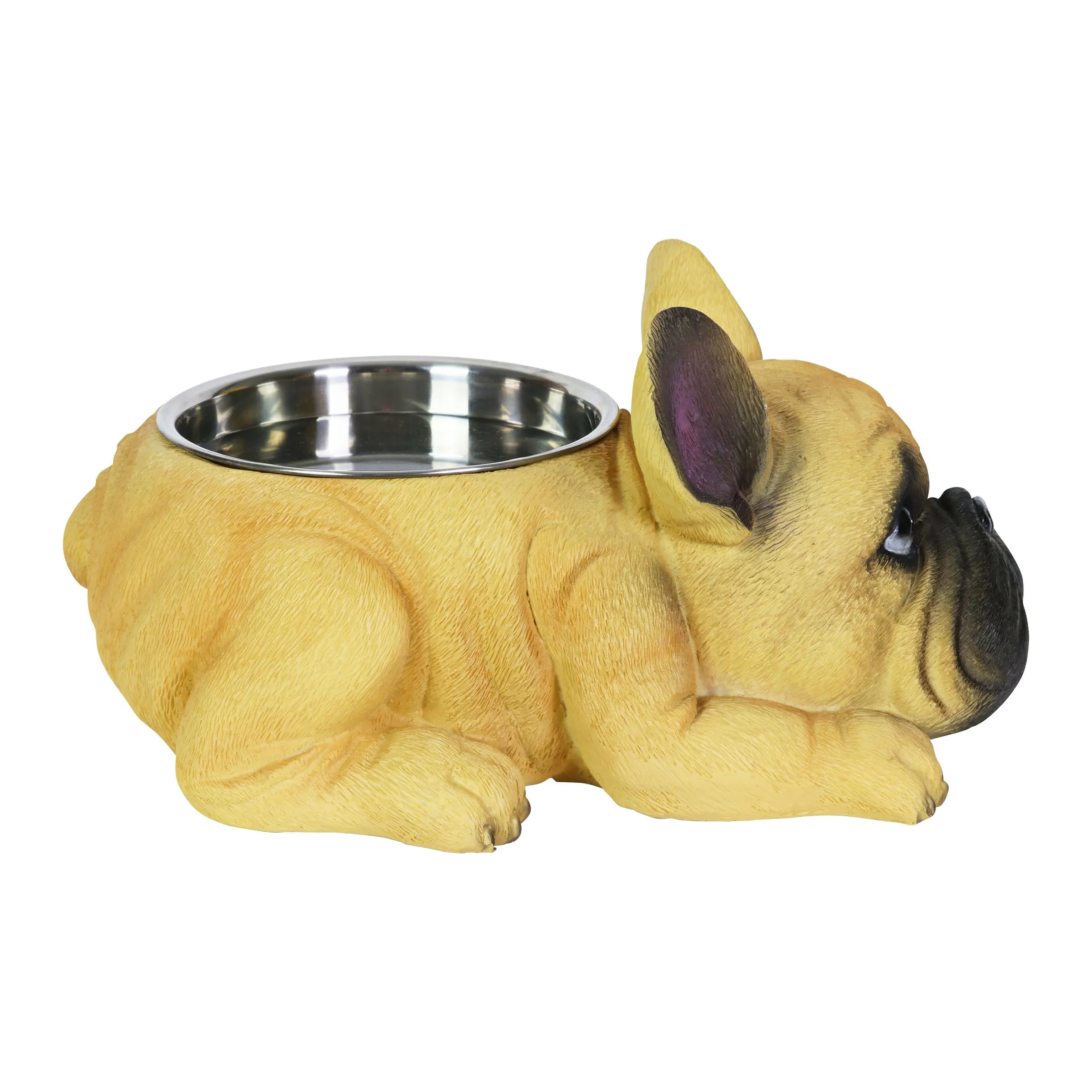 Tan French Bulldog Bowl with Stainless Bowl Insert, 12 by 6 Inches