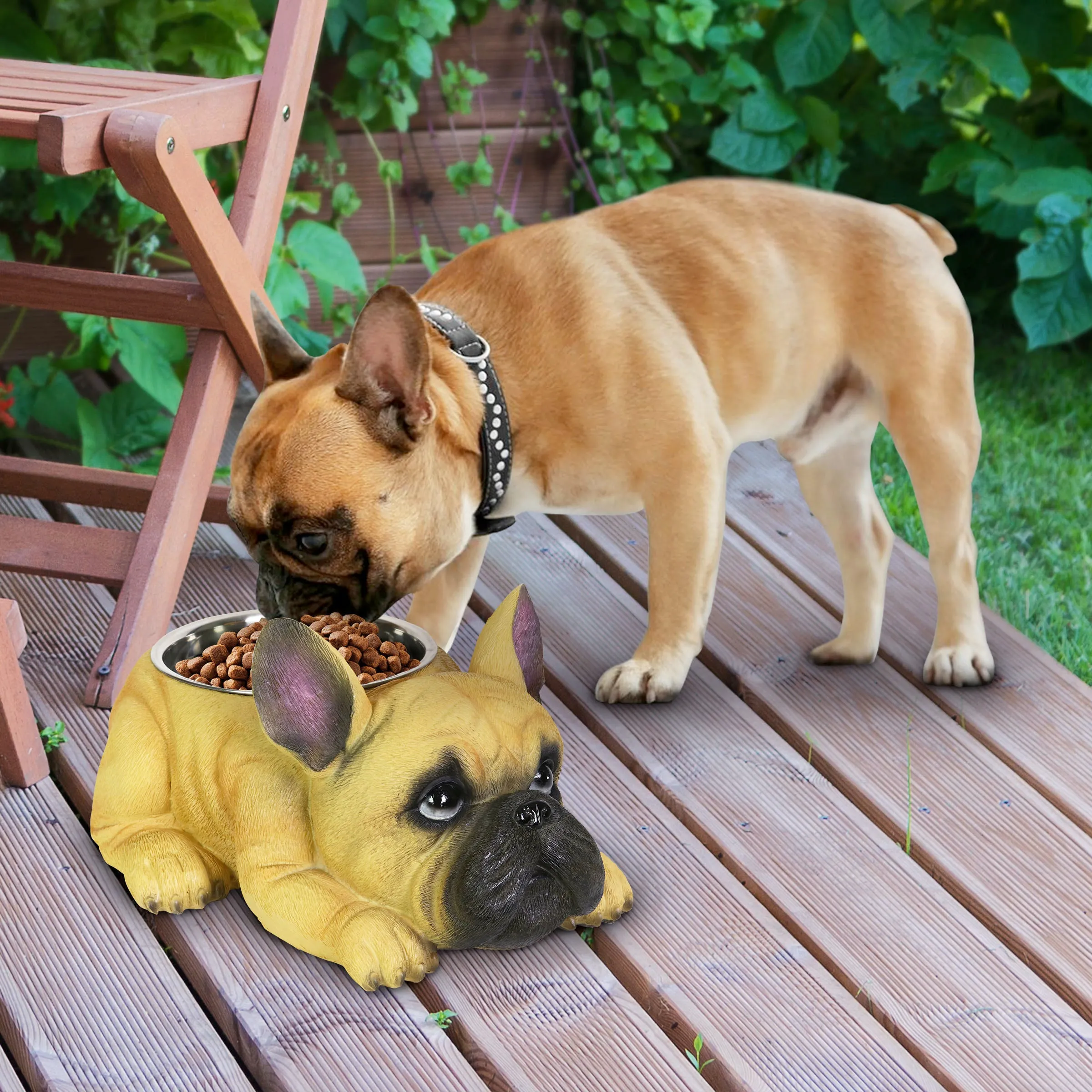 Tan French Bulldog Bowl with Stainless Bowl Insert, 12 by 6 Inches